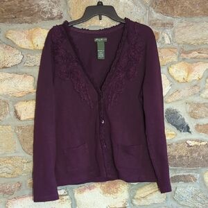 Eddie Bauer Purple Lace-Trimmed Cardigan
